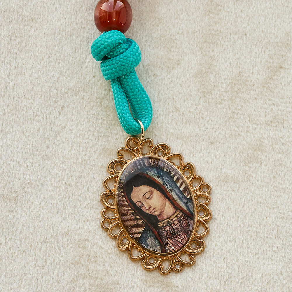 Vibrant Turquoise Paracord and Crimson Bead Pocket Rosary with Our Lady & Crucifix Companion