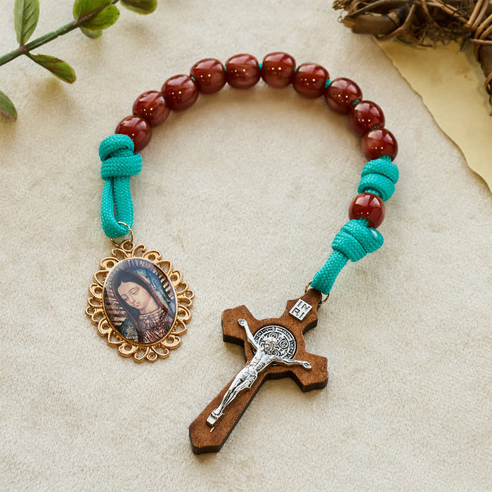 Vibrant Turquoise Paracord and Crimson Bead Pocket Rosary with Our Lady & Crucifix Companion