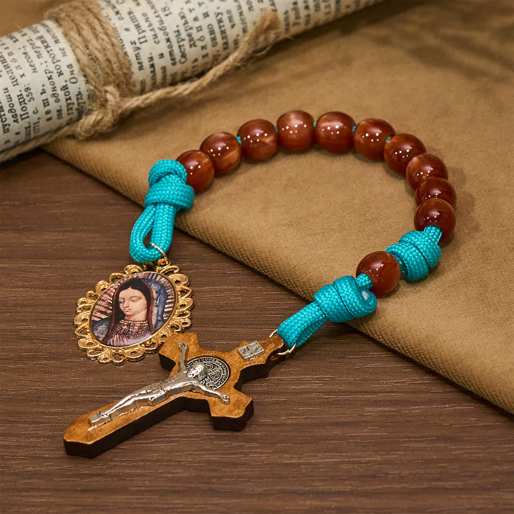Vibrant Turquoise Paracord and Crimson Bead Pocket Rosary with Our Lady & Crucifix Companion
