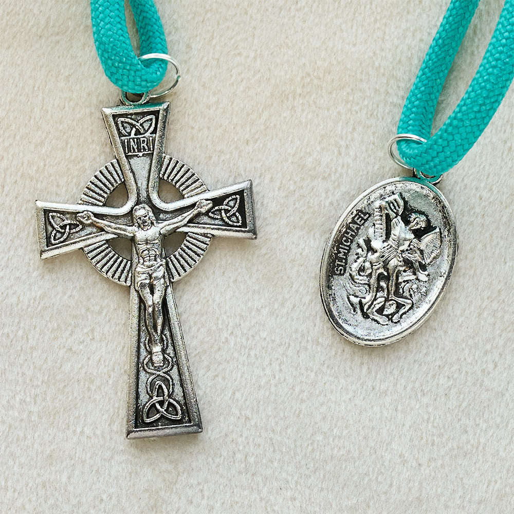 Navy Beads & Turquoise Cord Pocket Rosary with St. Michael Devotion