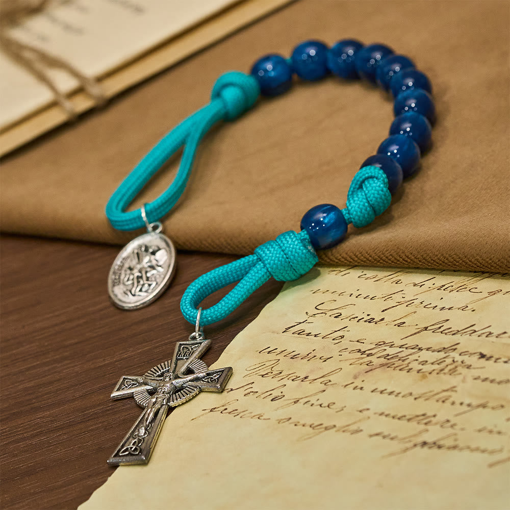 Navy Beads & Turquoise Cord Pocket Rosary with St. Michael Devotion