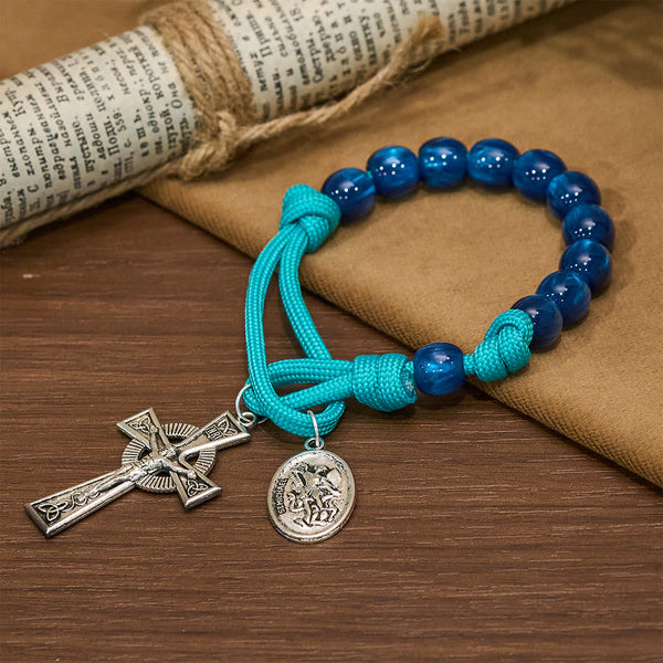 Navy Beads & Turquoise Cord Pocket Rosary with St. Michael Devotion