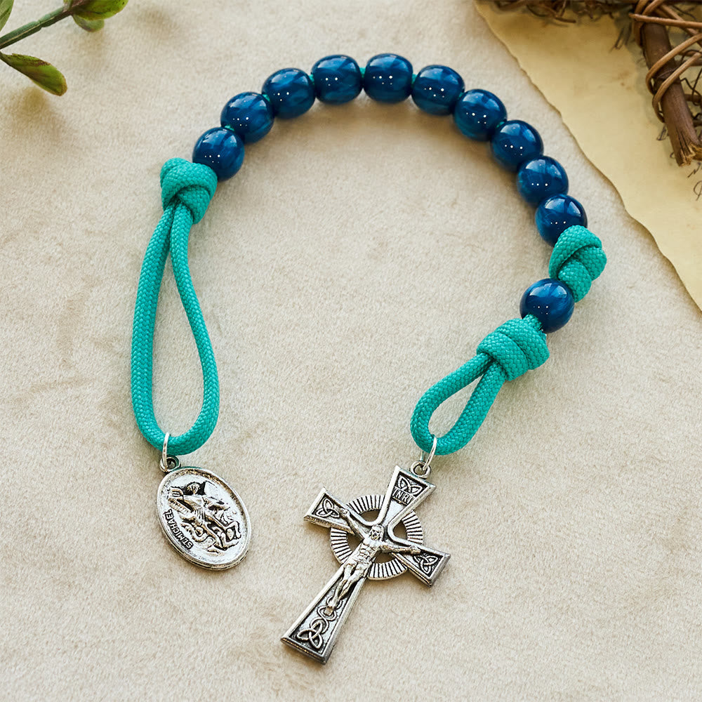 Navy Beads & Turquoise Cord Pocket Rosary with St. Michael Devotion