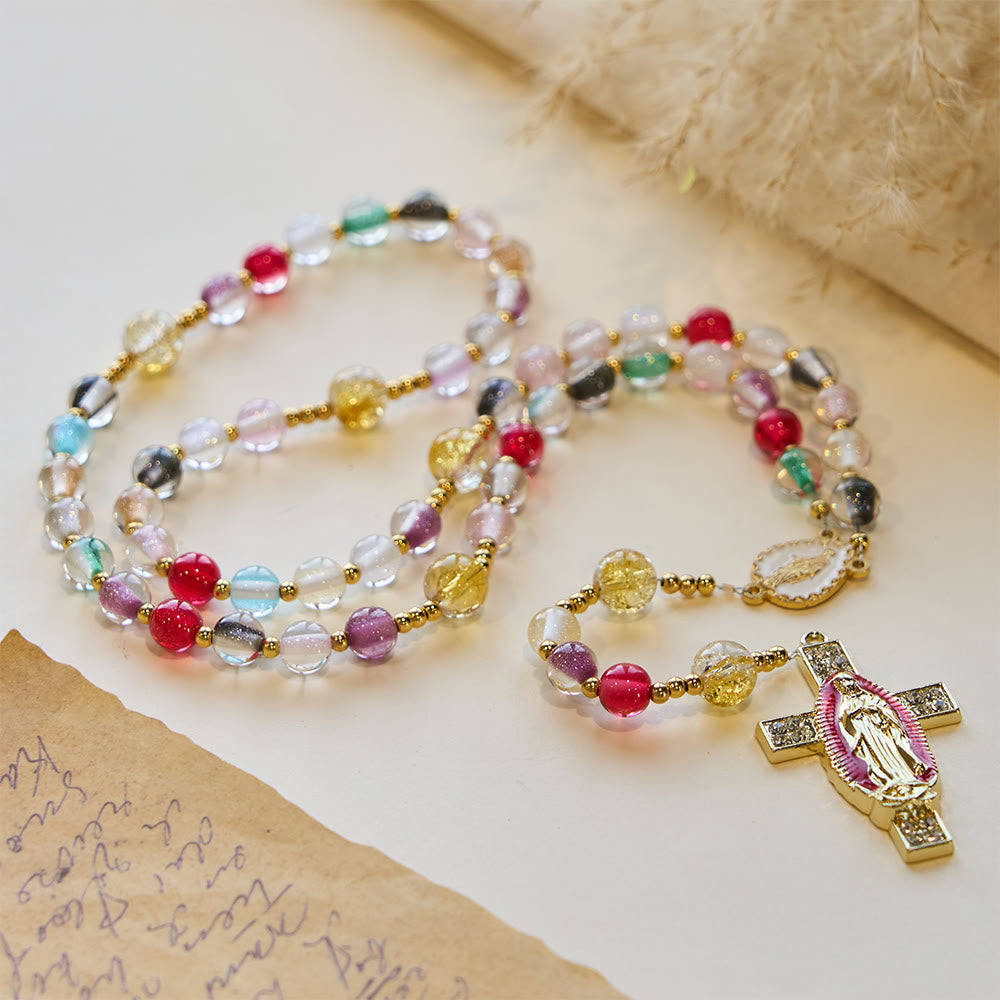 Rainbow Shimmer Cat's Eye Rosary with Our Lady Devotional Cross