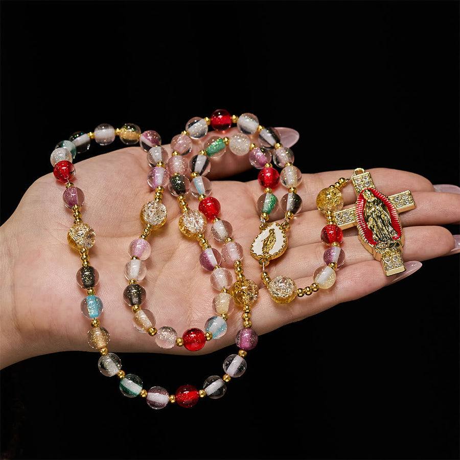 Rainbow Shimmer Cat's Eye Rosary with Our Lady Devotional Cross