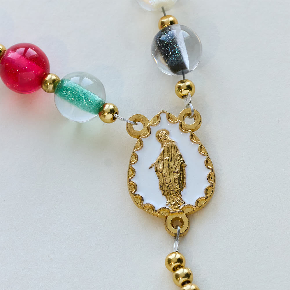 Rainbow Shimmer Cat's Eye Rosary with Our Lady Devotional Cross