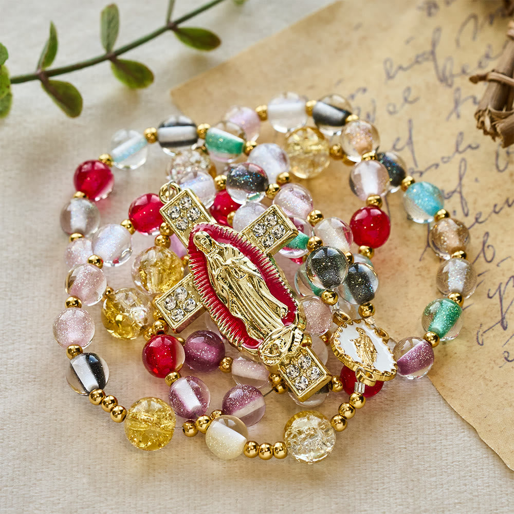 Rainbow Shimmer Cat's Eye Rosary with Our Lady Devotional Cross