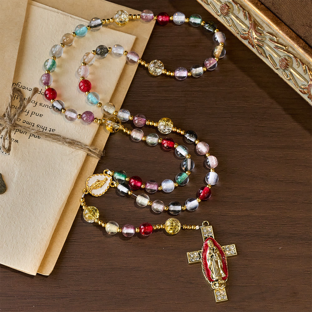 Rainbow Shimmer Cat's Eye Rosary with Our Lady Devotional Cross