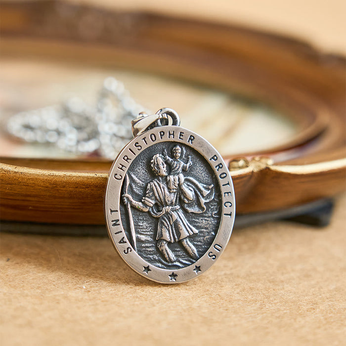 St. Christopher Protect Us Oval Medallion Necklace: Embody His Traveler’s Protection