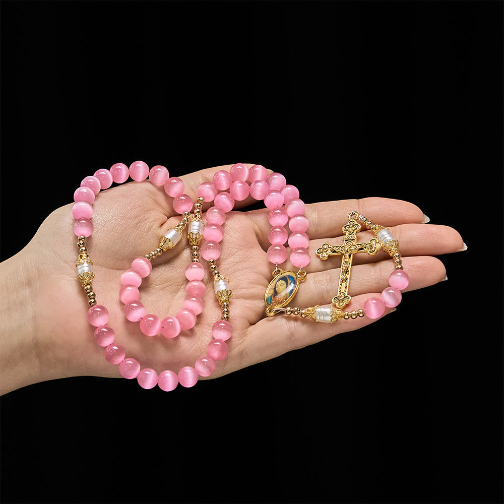Pink Cat’s Eye & Acrylic Bead Our Lady Rosary: Embody Sacred Love and Gentle Devotion