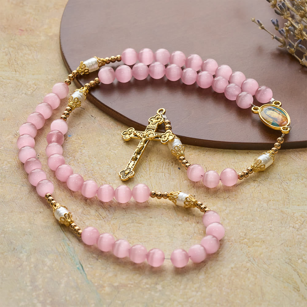 Pink Cat’s Eye & Acrylic Bead Our Lady Rosary: Embody Sacred Love and Gentle Devotion