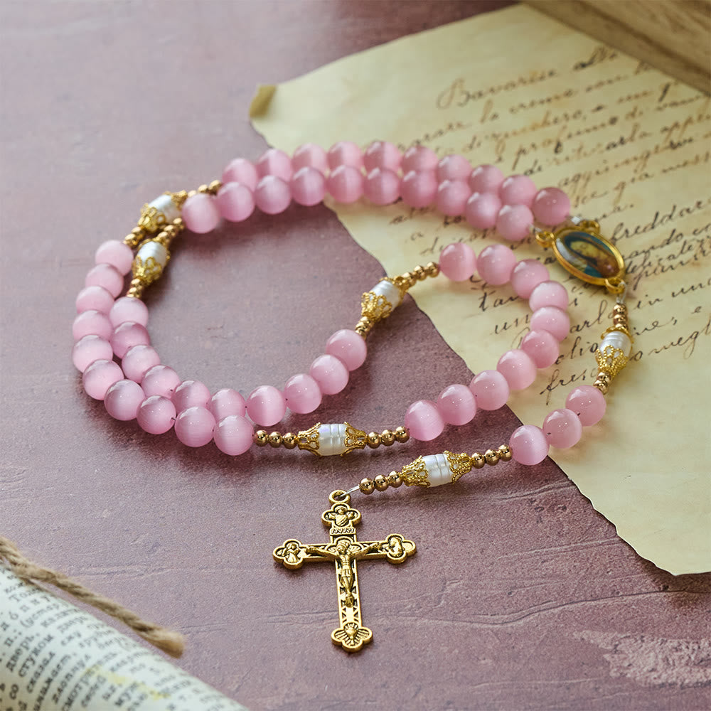 Pink Cat’s Eye & Acrylic Bead Our Lady Rosary: Embody Sacred Love and Gentle Devotion