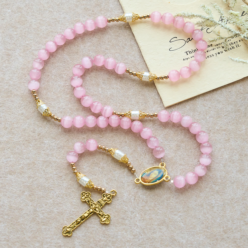 Pink Cat’s Eye & Acrylic Bead Our Lady Rosary: Embody Sacred Love and Gentle Devotion