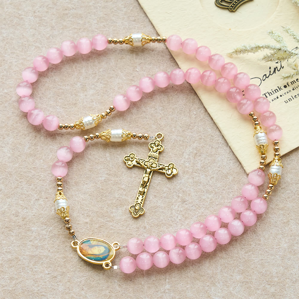 Pink Cat’s Eye & Acrylic Bead Our Lady Rosary: Embody Sacred Love and Gentle Devotion