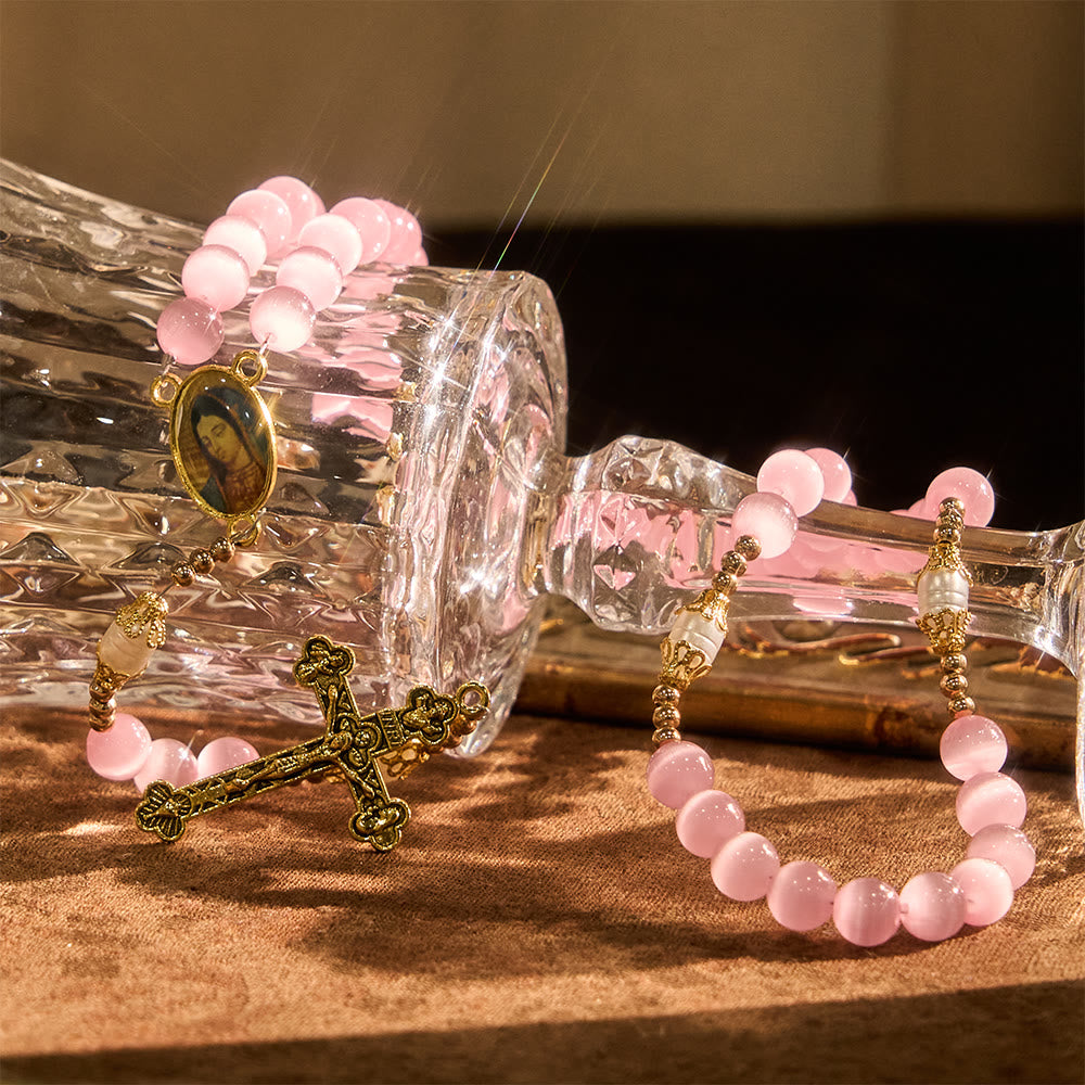 Pink Cat’s Eye & Acrylic Bead Our Lady Rosary: Embody Sacred Love and Gentle Devotion