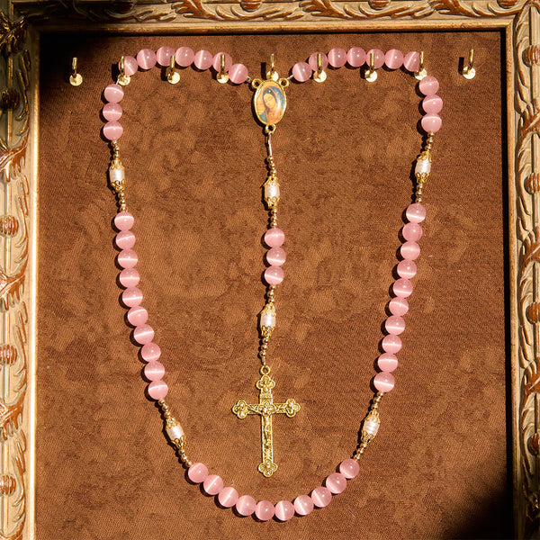Pink Cat’s Eye & Acrylic Bead Our Lady Rosary: Embody Sacred Love and Gentle Devotion