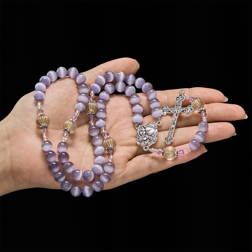 Purple Cat’s Eye & Champagne Lantern Bead Holy Family Rosary: Embody Serene Devotion