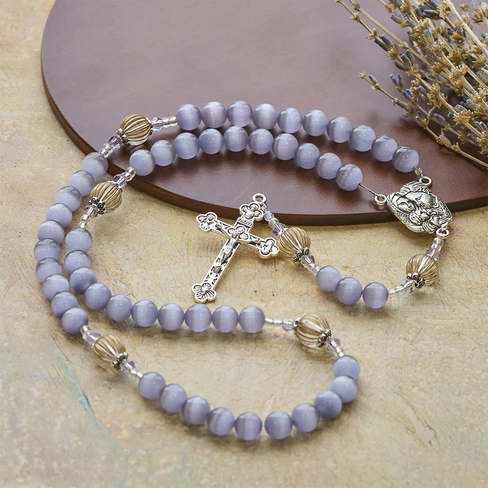 Purple Cat’s Eye & Champagne Lantern Bead Holy Family Rosary: Embody Serene Devotion