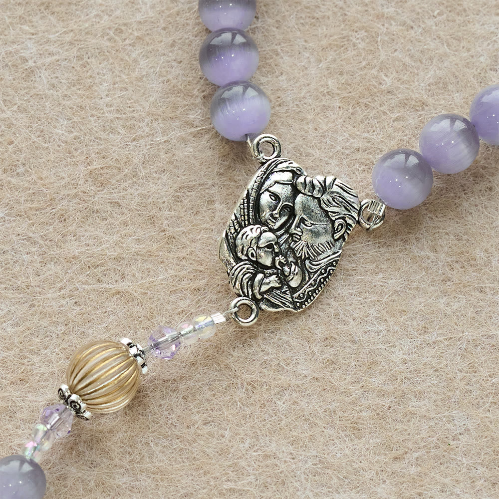 Purple Cat’s Eye & Champagne Lantern Bead Holy Family Rosary: Embody Serene Devotion
