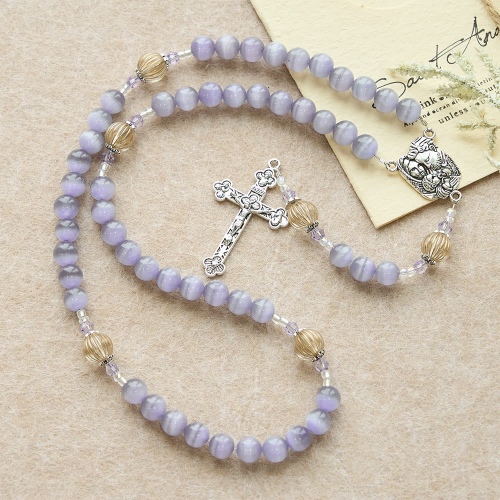 Purple Cat’s Eye & Champagne Lantern Bead Holy Family Rosary: Embody Serene Devotion