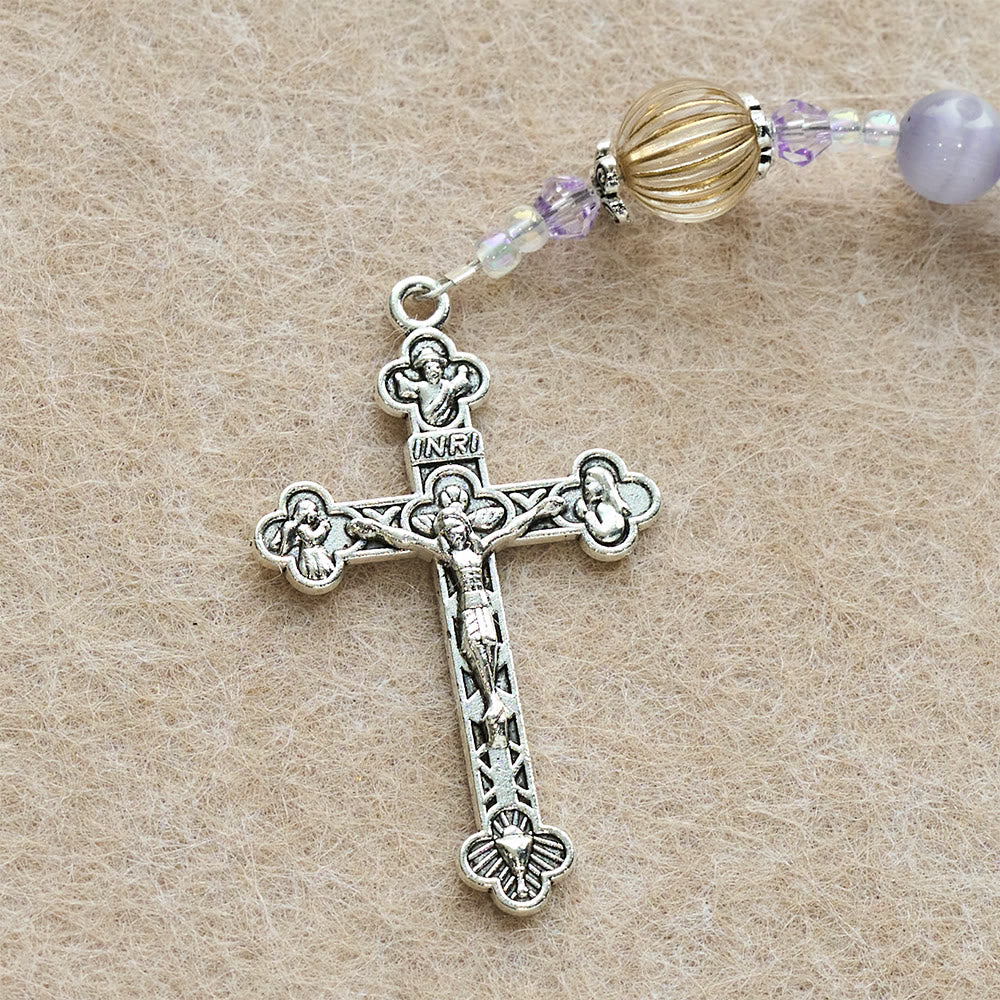 Purple Cat’s Eye & Champagne Lantern Bead Holy Family Rosary: Embody Serene Devotion