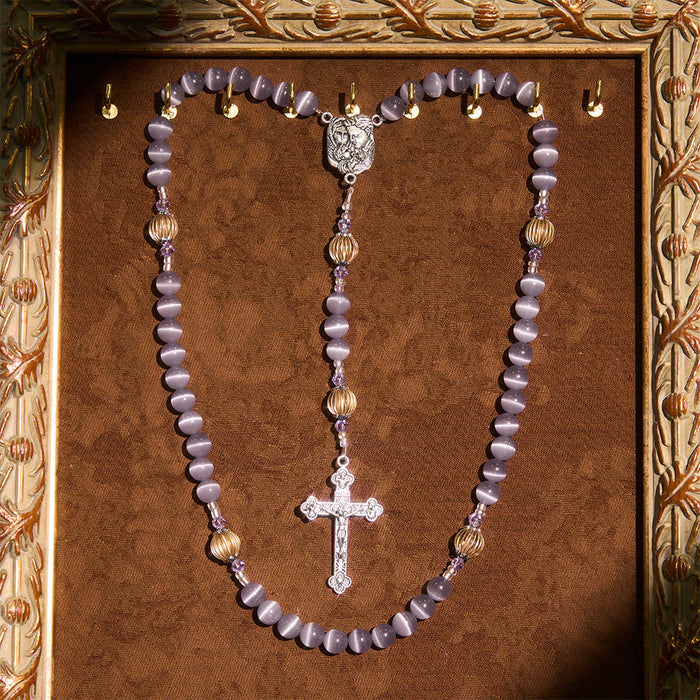 Purple Cat’s Eye & Champagne Lantern Bead Holy Family Rosary: Embody Serene Devotion