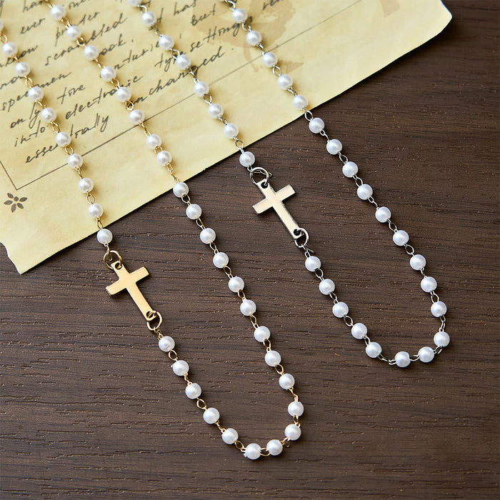 White Beads with Cross Necklace: Elegant Devotion & Faithful Grace