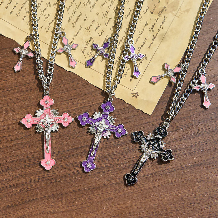 Classic Style Colorful Crafted Triple Crucifix Pendant Chain Necklace