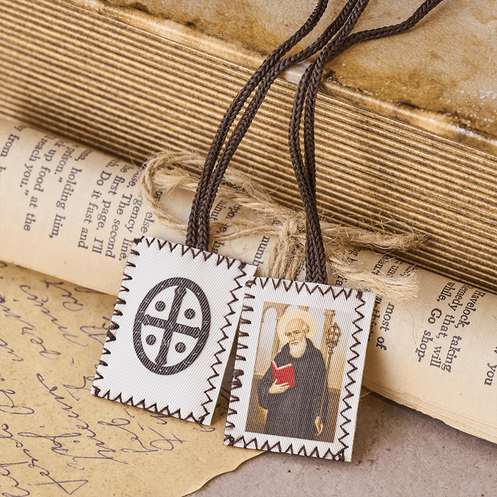 Vintage Stamp Shaped Scapular on Black Wool Cord of Saint Benedict and Crucifix