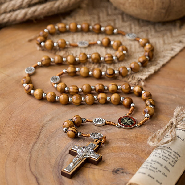 Natural Wood Handmade Rosary With Saint Benedict Cross