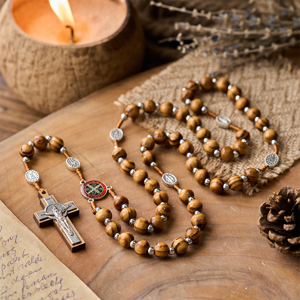 Natural Wood Handmade Rosary With Saint Benedict Cross