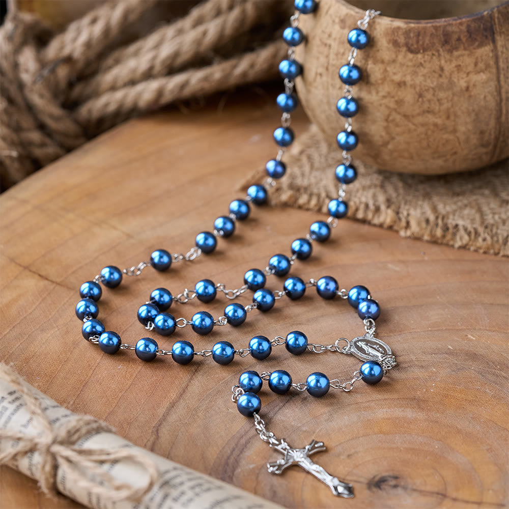 Royal Blue Pearl Beads Rosary with Holy Mother Medal & Crucifix