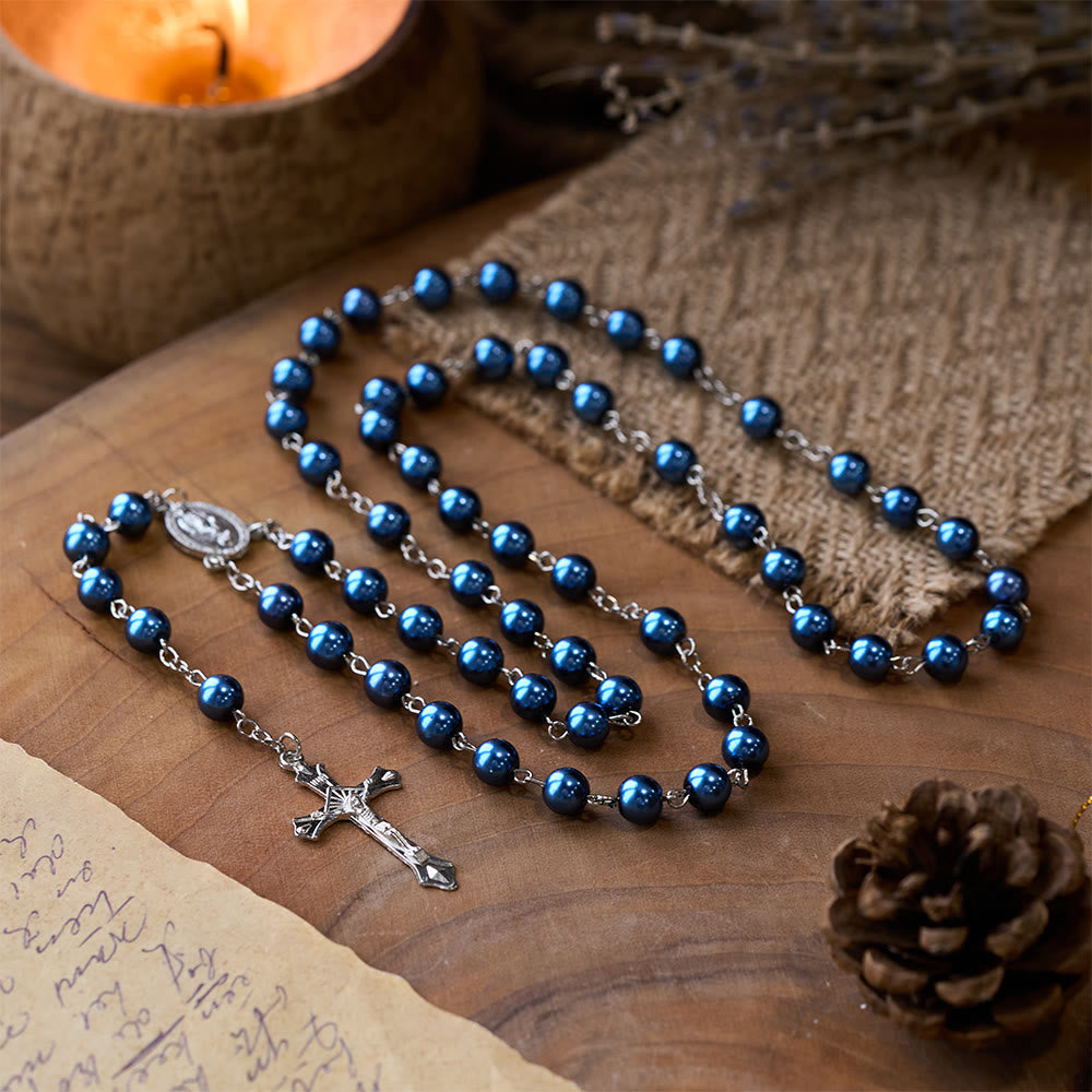 Royal Blue Pearl Beads Rosary with Holy Mother Medal & Crucifix