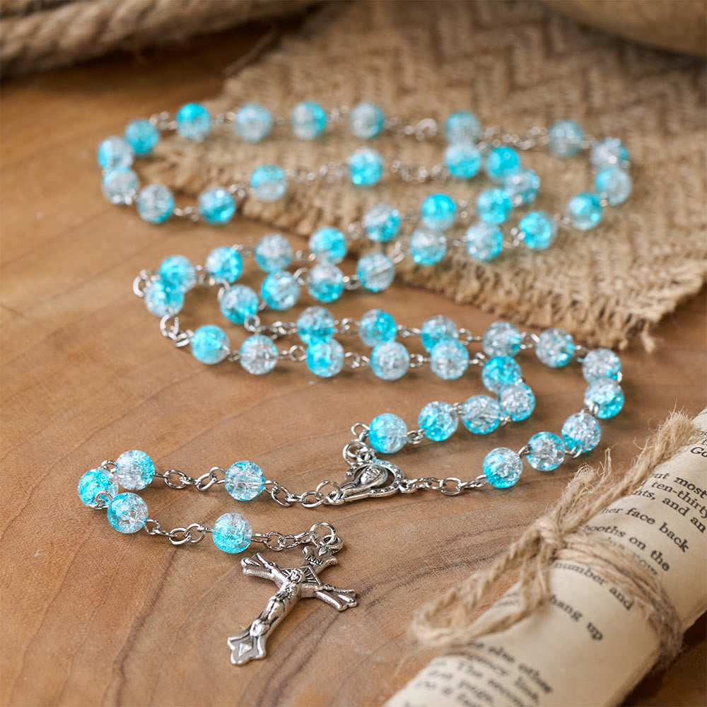 Celestial Blue Glass Beads Rosary with Jesus Heart & Crucifix