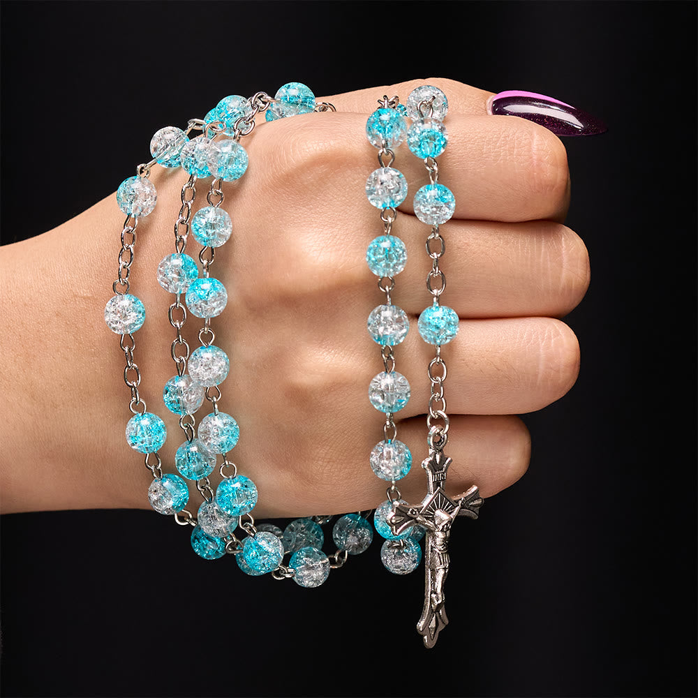 Celestial Blue Glass Beads Rosary with Jesus Heart & Crucifix