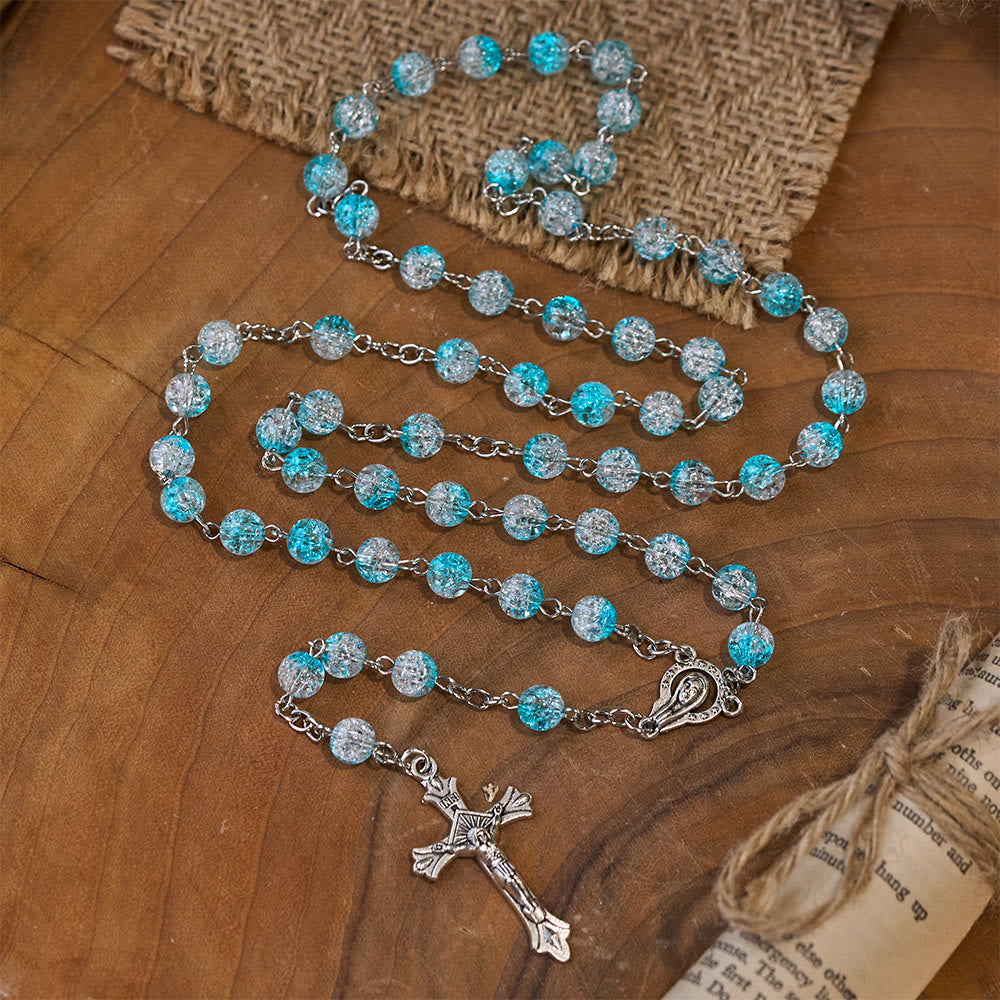 Celestial Blue Glass Beads Rosary with Jesus Heart & Crucifix