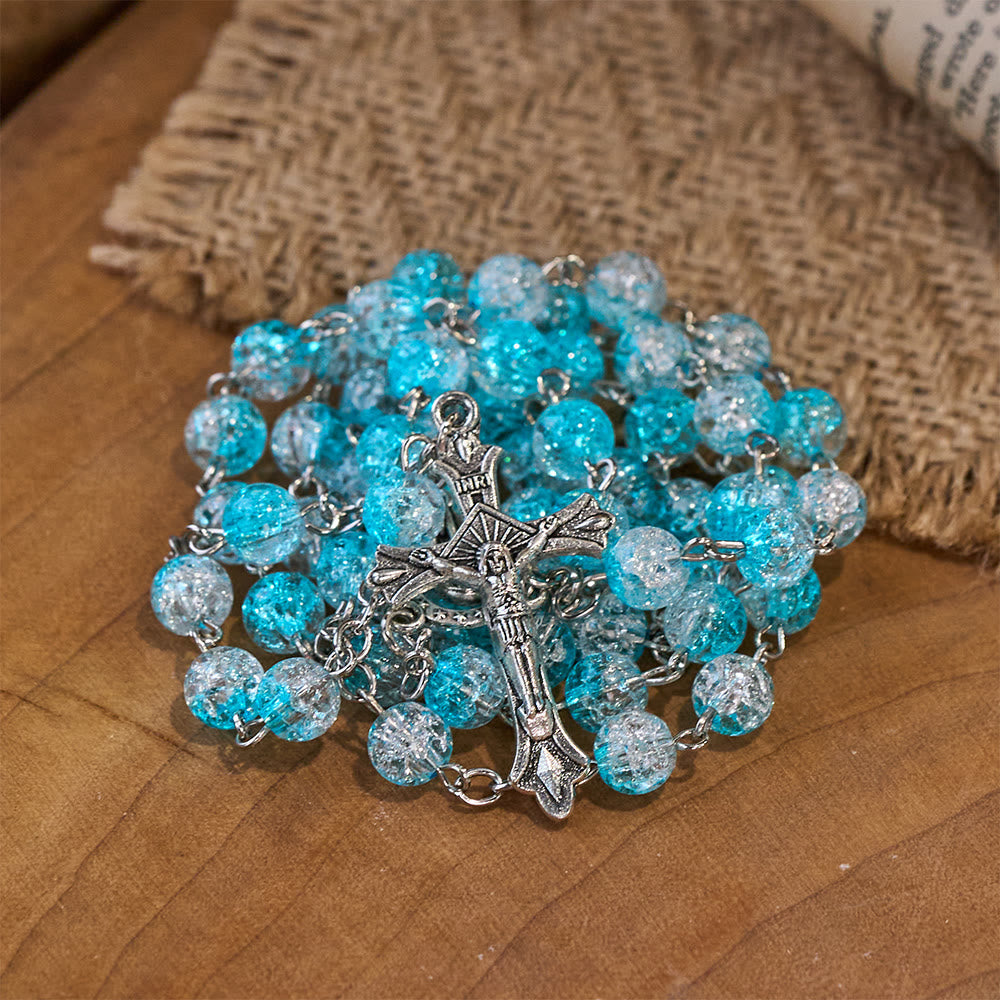 Celestial Blue Glass Beads Rosary with Jesus Heart & Crucifix