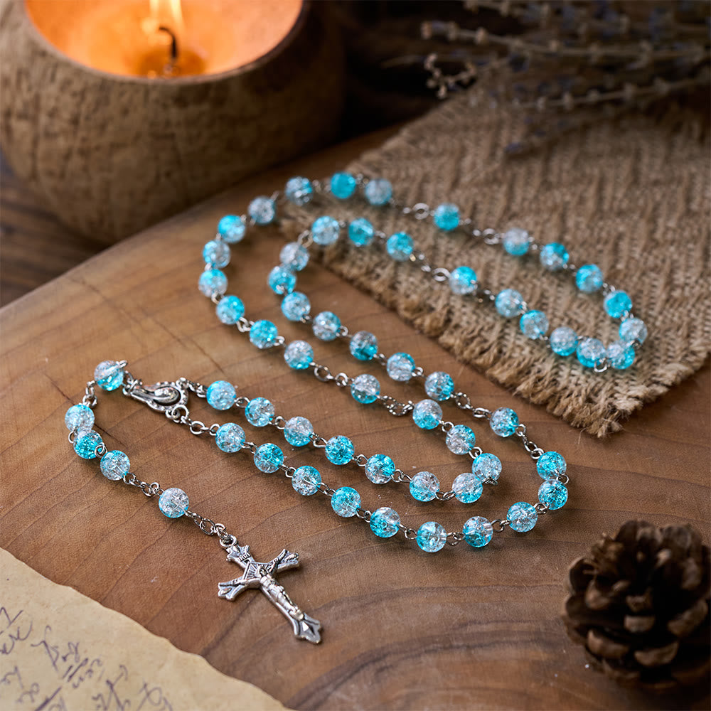Celestial Blue Glass Beads Rosary with Jesus Heart & Crucifix