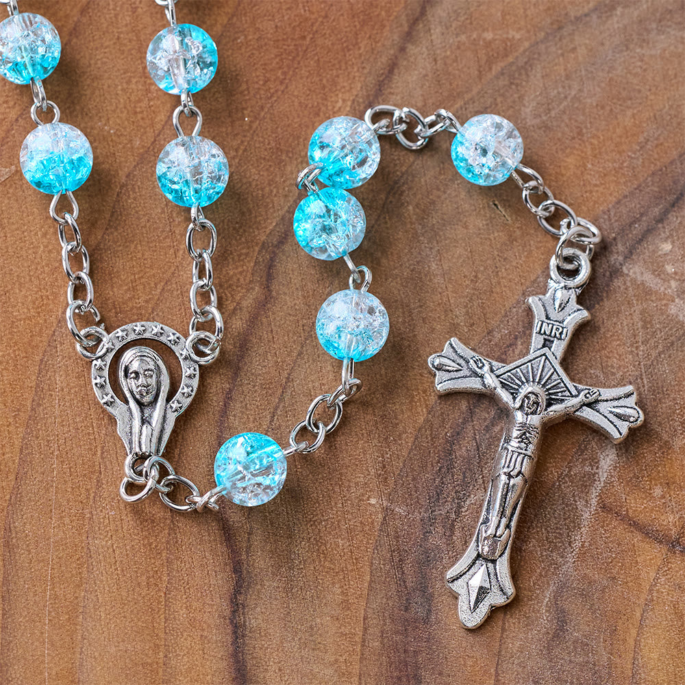 Celestial Blue Glass Beads Rosary with Jesus Heart & Crucifix