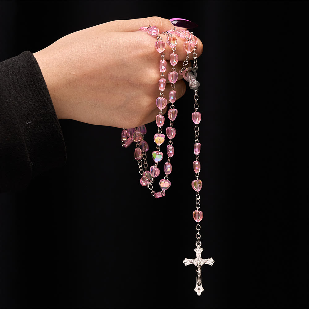 Pink Clear Shiny Heart Prayer Rosary