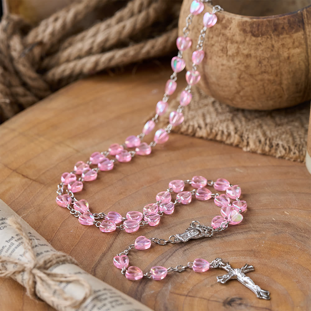 Pink Clear Shiny Heart Prayer Rosary