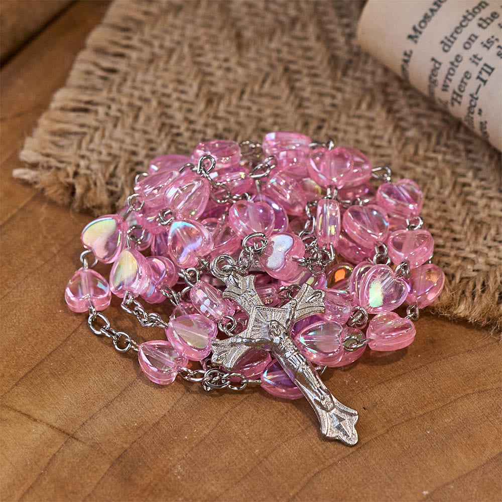 Pink Clear Shiny Heart Prayer Rosary