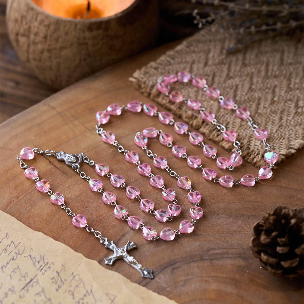 Pink Clear Shiny Heart Prayer Rosary