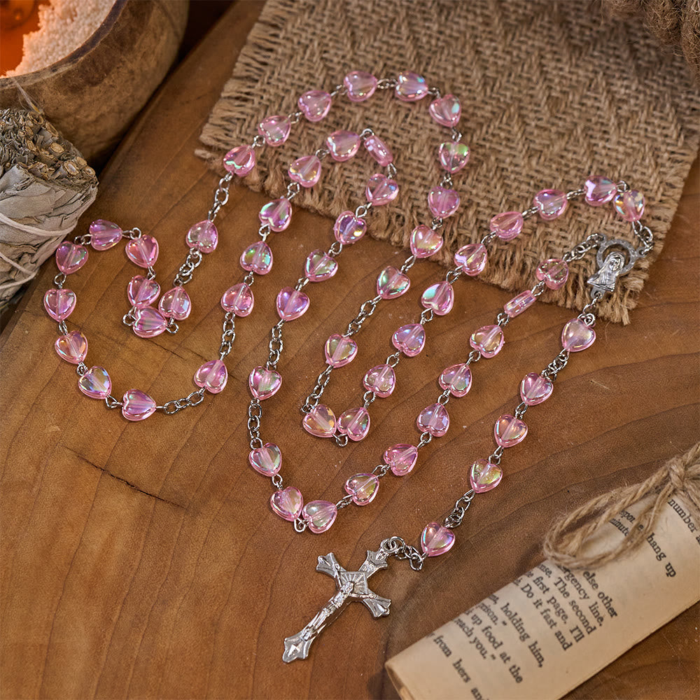 Pink Clear Shiny Heart Prayer Rosary