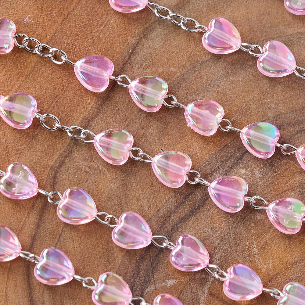 Pink Clear Shiny Heart Prayer Rosary