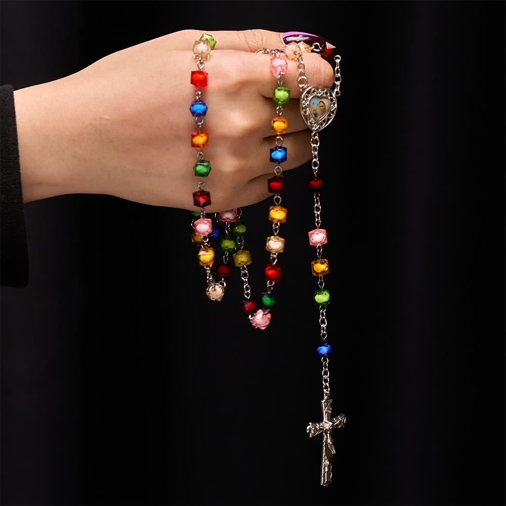 Our Lady of Peace & Crucifix of 8 mm Polyhedron Multicolor Acrylic Alloy Chain Rosary