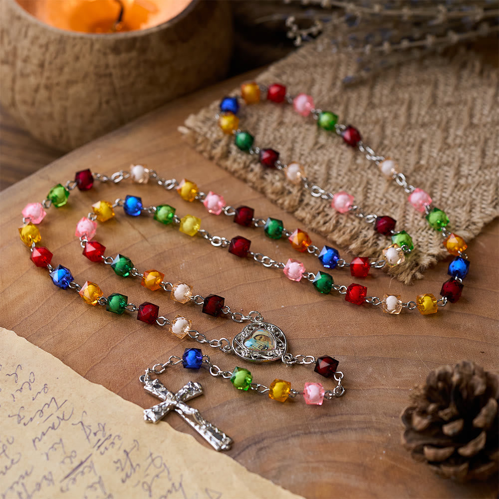 Our Lady of Peace & Crucifix of 8 mm Polyhedron Multicolor Acrylic Alloy Chain Rosary