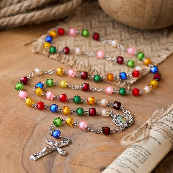 Our Lady of Peace & Crucifix of 8 mm Polyhedron Multicolor Acrylic Alloy Chain Rosary