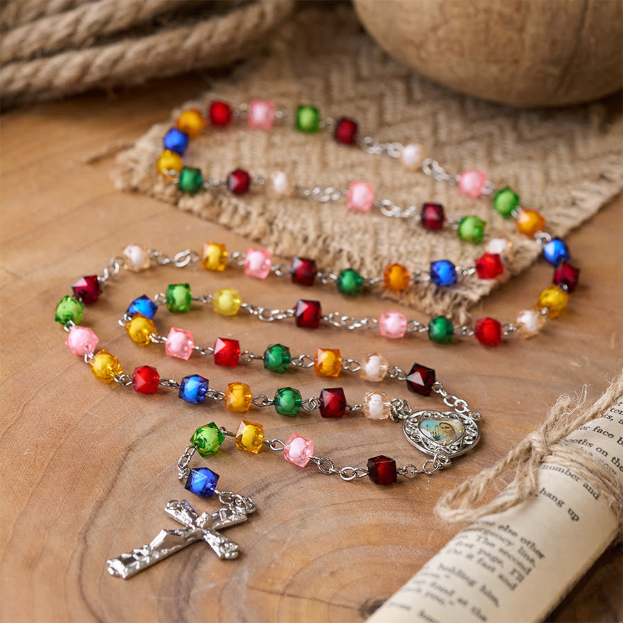 Our Lady of Peace & Crucifix of 8 mm Polyhedron Multicolor Acrylic Alloy Chain Rosary