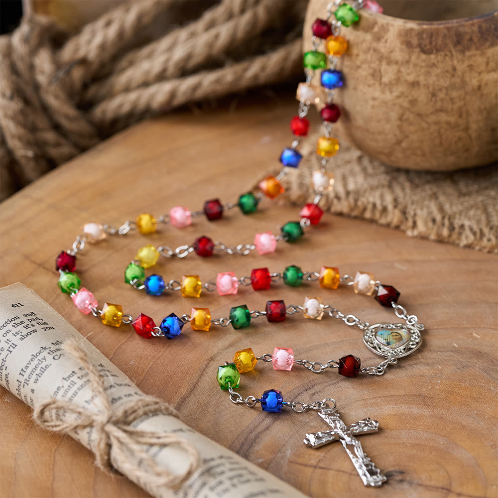 Our Lady of Peace & Crucifix of 8 mm Polyhedron Multicolor Acrylic Alloy Chain Rosary